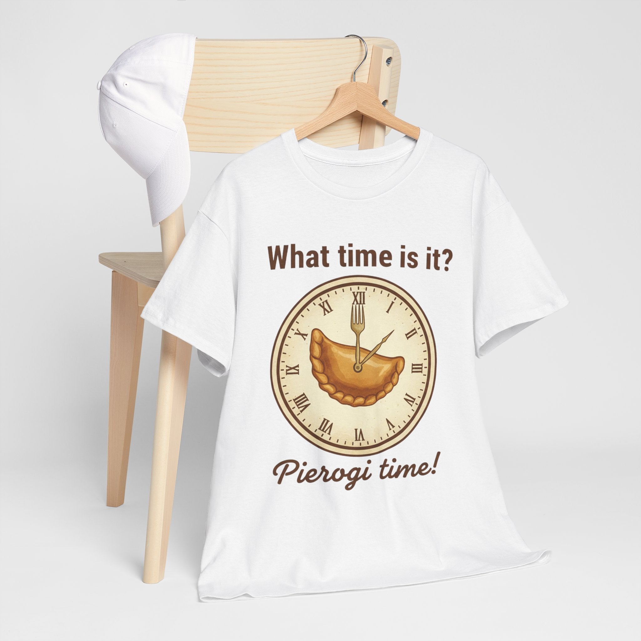Pierogi Time T‑Shirt — "What time is it? Pierogi time!" Vintage Clock Food Tee