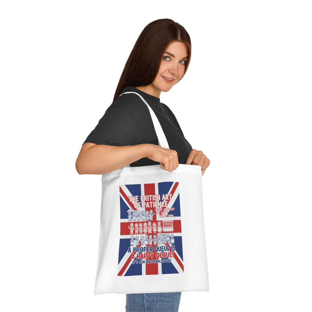 British Union Jack Tote Bag - "The British Art of Patience: A Proper Queue is a Happy Queue" Cotton Shopper