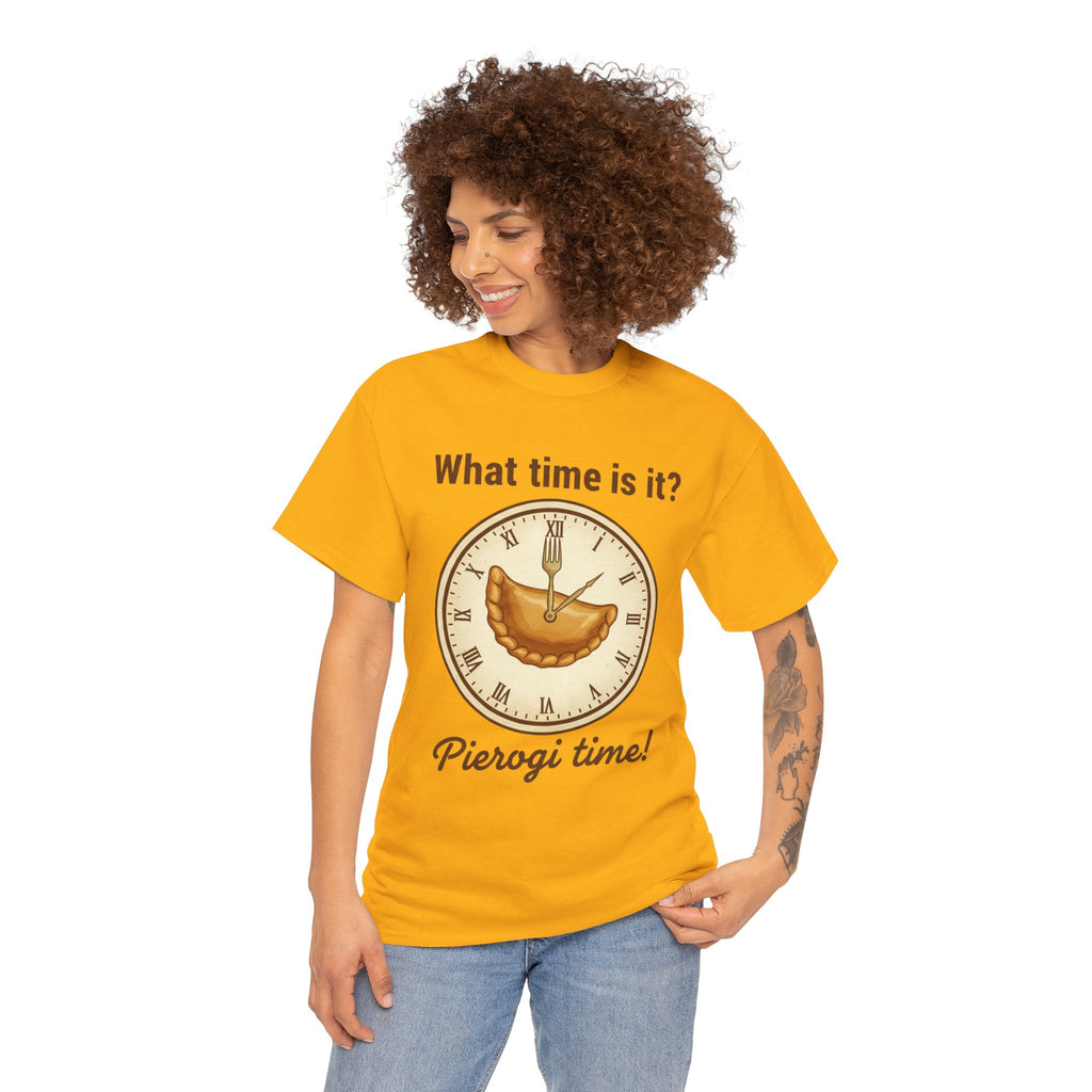 Pierogi Time T‑Shirt — "What time is it? Pierogi time!" Vintage Clock Food Tee