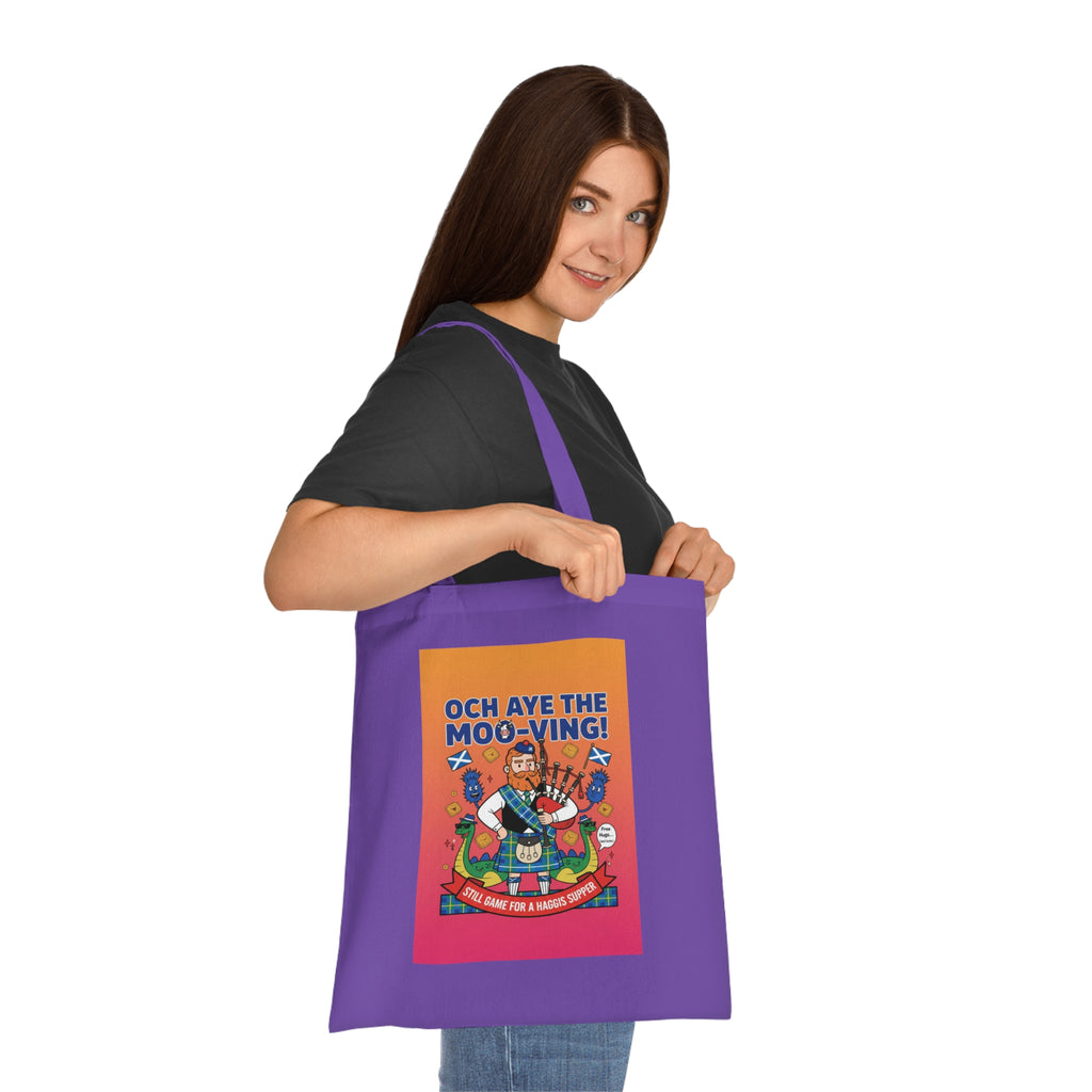 Scottish Cow Cartoon Cotton Tote — "Och Aye the Moo-ving!" Funny Celtic Grocery Bag