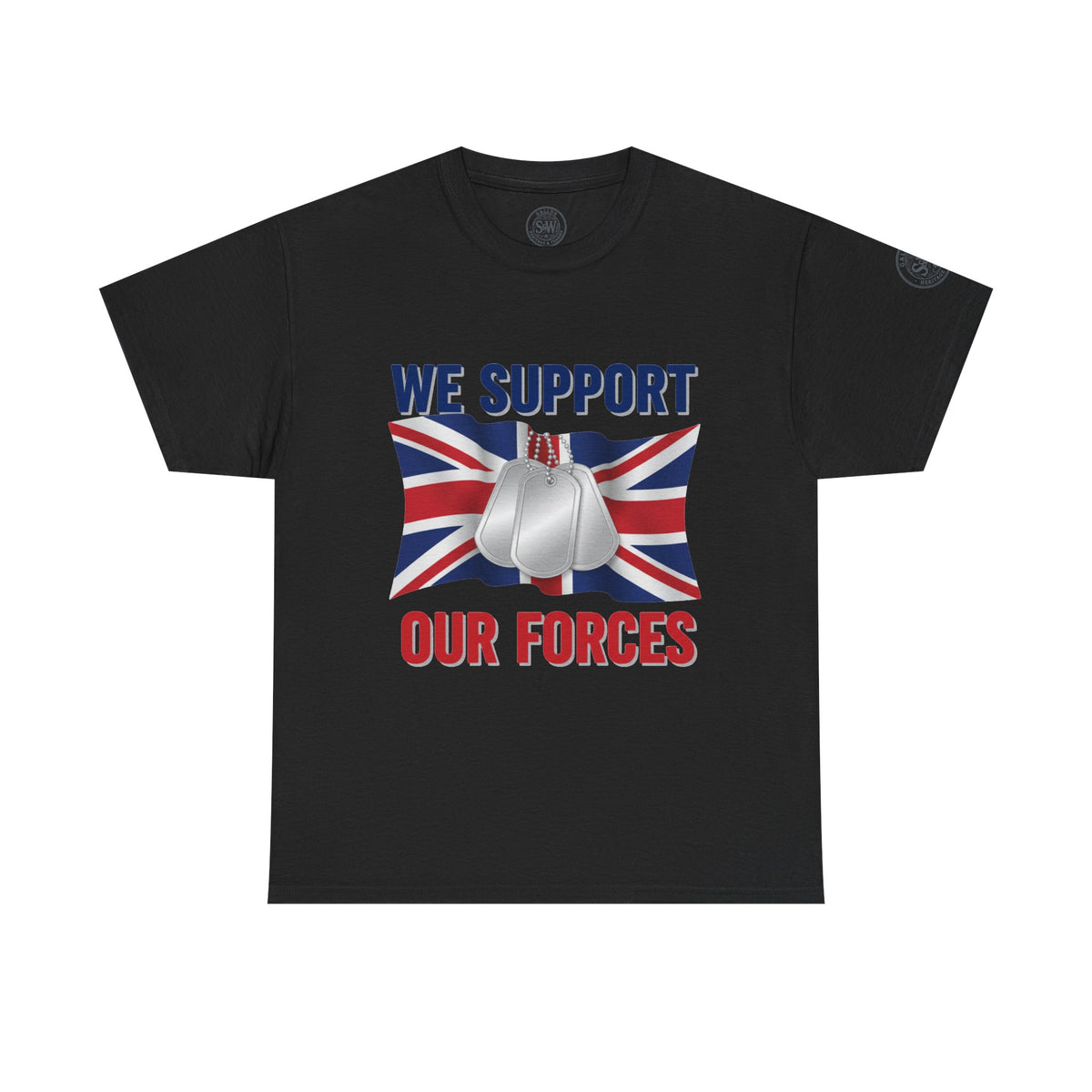 Support Our Forces T-Shirt — Union Jack & Dog Tags Military Tee — product image 2