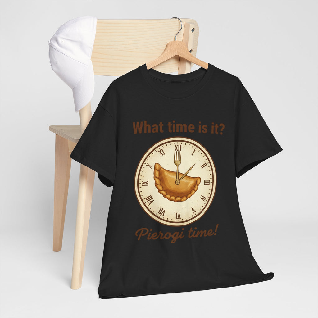 Pierogi Time T‑Shirt — "What time is it? Pierogi time!" Vintage Clock Food Tee