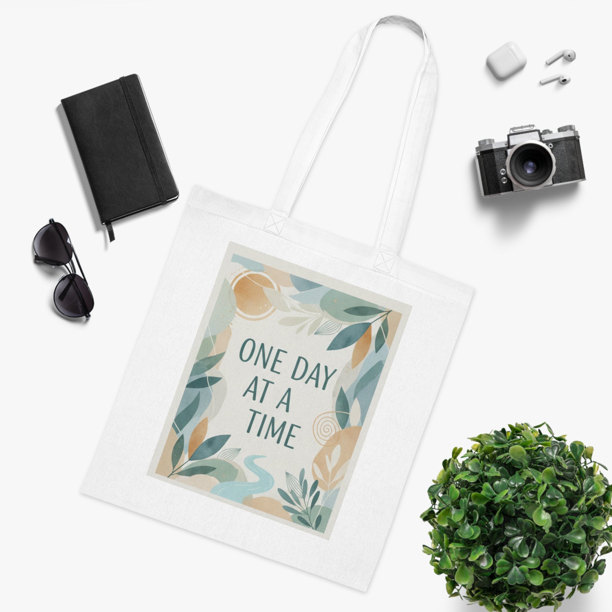 One Day at a Time Cotton Tote — Floral Inspirational Canvas Bag