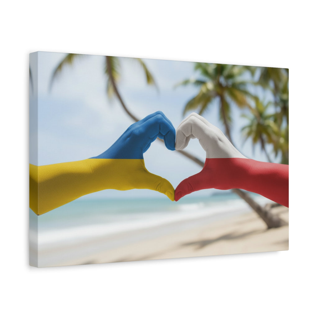Ukrainian & Polish Heart Stretched Canvas Wall Art — Hands Forming Heart Painted with Bahamas & Poland Flags (Matte)