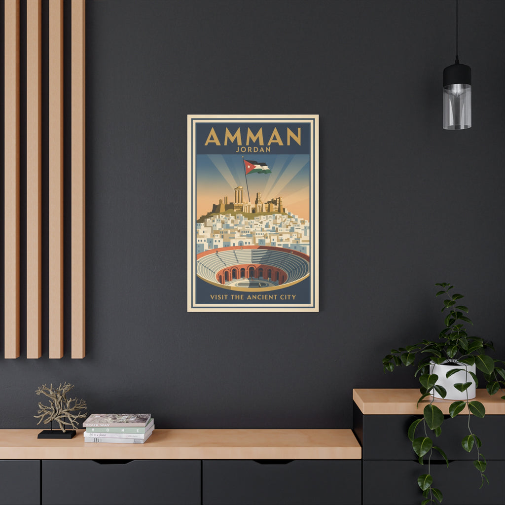 Amman Jordan Vintage Travel Canvas – "Visit the Ancient City" Stretched Wall Art