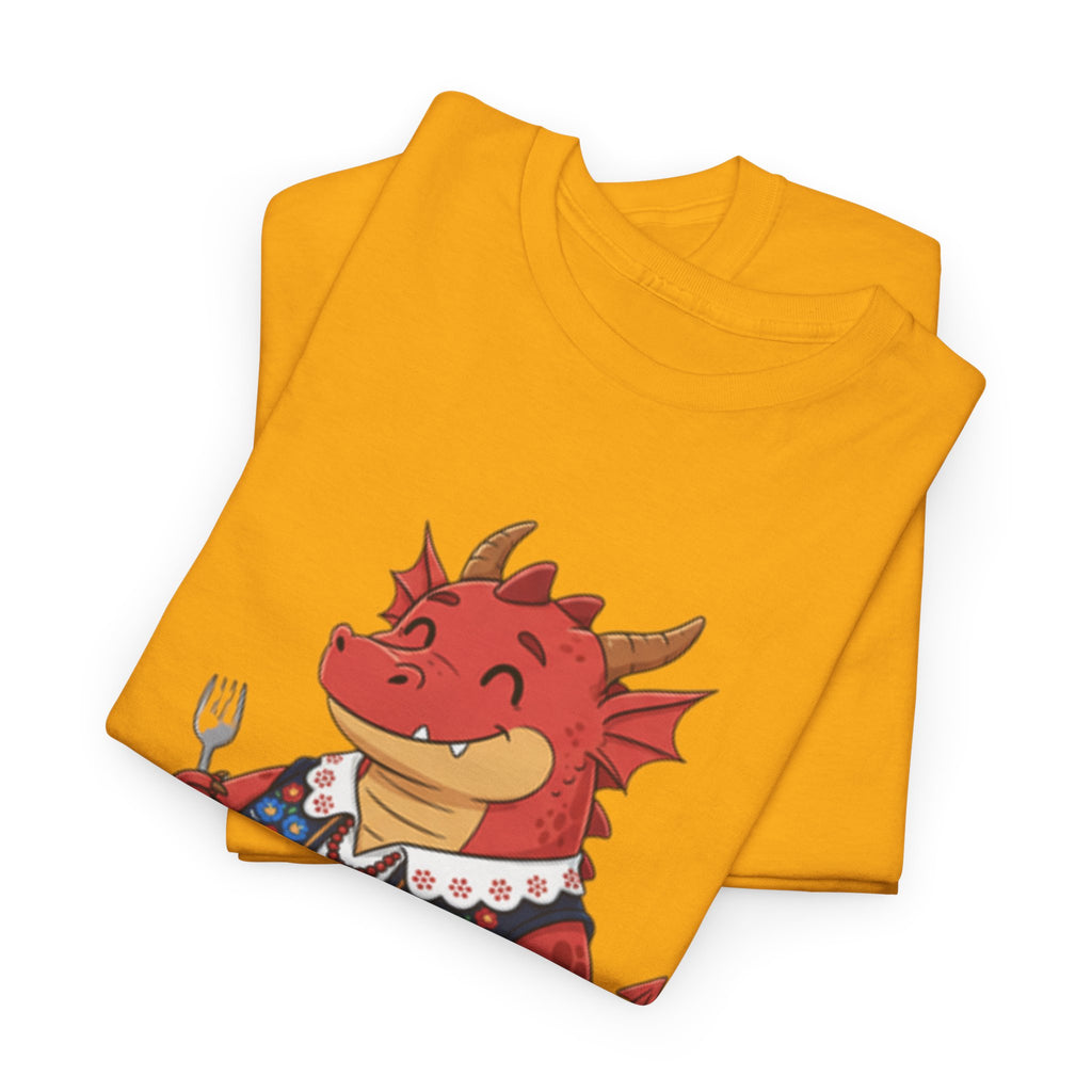 Dragon Eating Pierogi T-Shirt — "Mój nowy smok. Też lubi pierogi." Cute Polish Food Tee