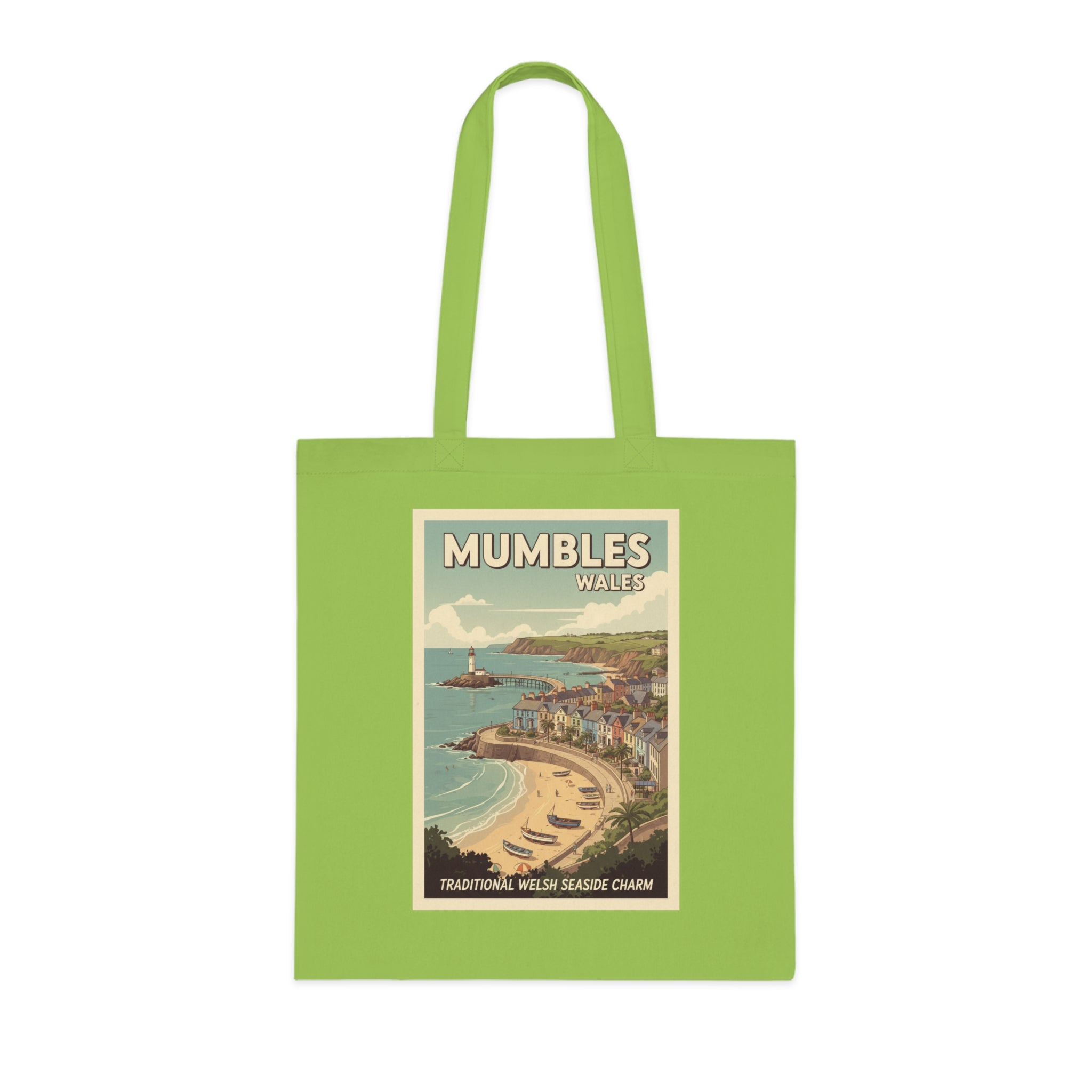 Mumbles Wales Vintage Seaside Tote Bag — Retro Travel Poster Cotton Tote
