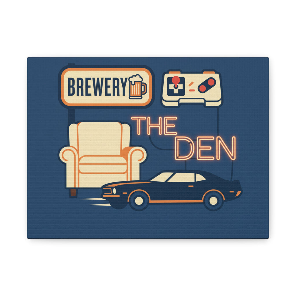 The Den Canvas Wall Art – Retro Brewery, Armchair & Classic Car Matte Print