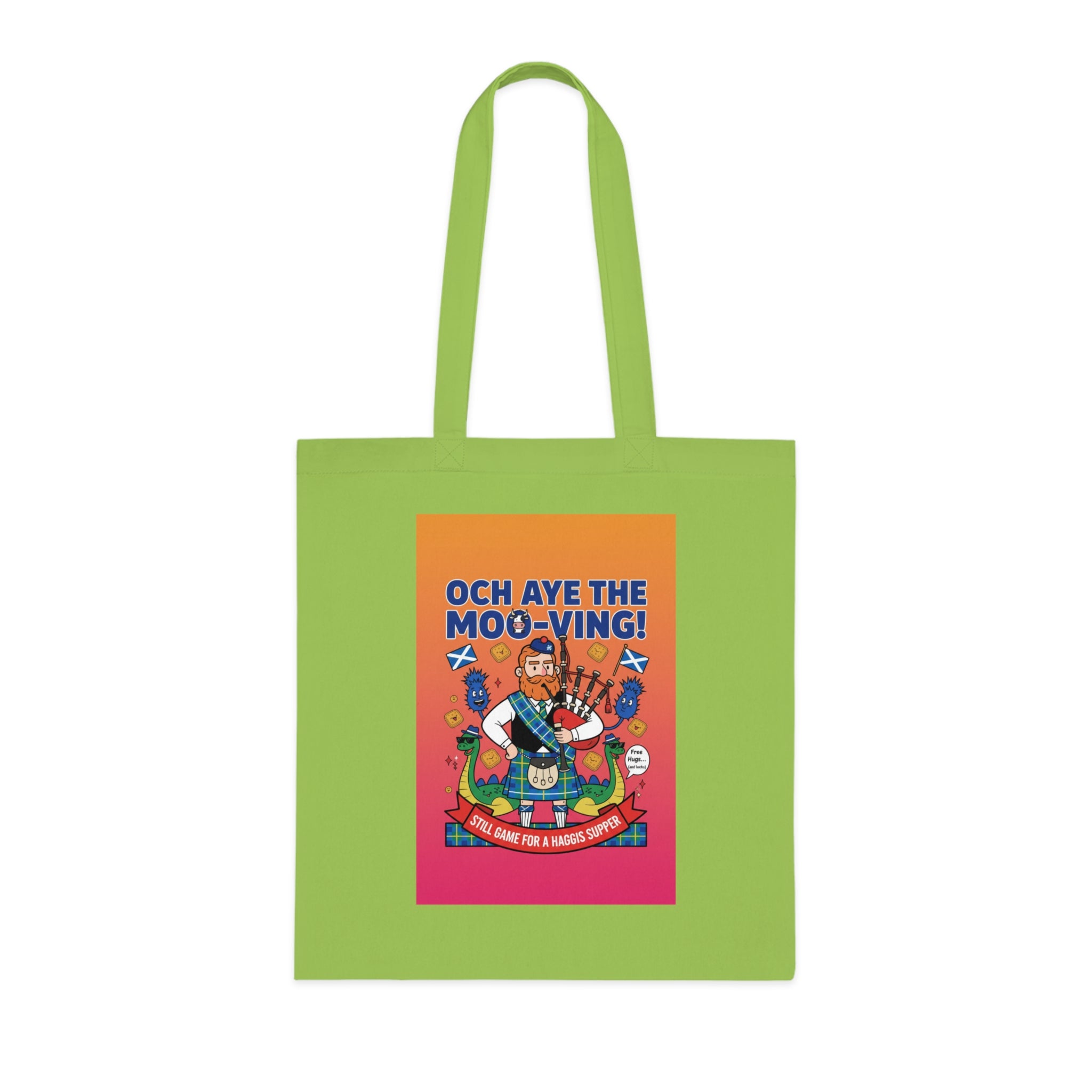 Scottish Cow Cartoon Cotton Tote — "Och Aye the Moo-ving!" Funny Celtic Grocery Bag