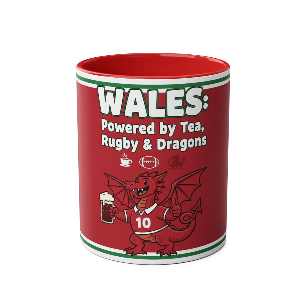Wales Coffee Mug – "Wales: Powered by Tea, Rugby & Dragons" 11oz Two-Tone Mug