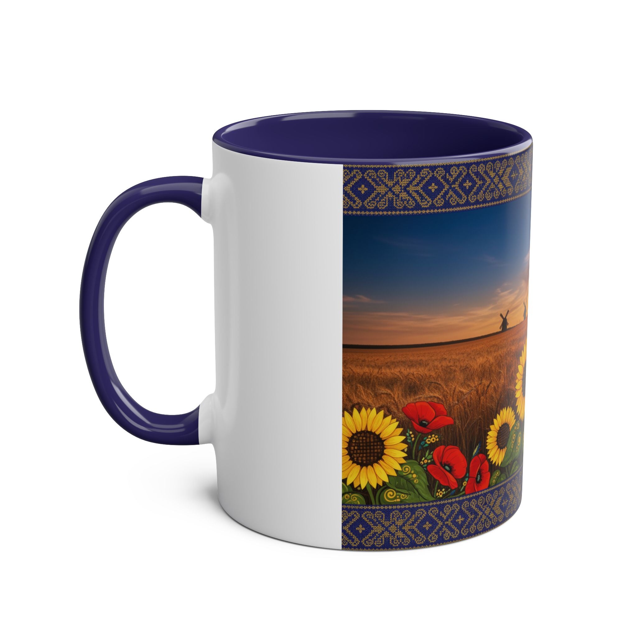 Sunflower Field Ceramic Mug — Two-Tone 11oz Coffee Cup with Sunrise & Windmills Design