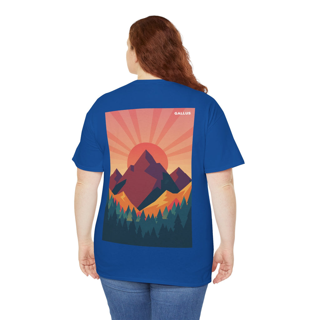 Mountain Sunset T-Shirt — Retro Nature Graphic Tee with 'GALLUS' Logo