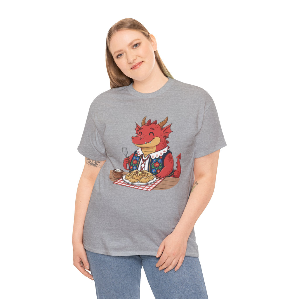 Dragon Eating Pierogi T-Shirt — "Mój nowy smok. Też lubi pierogi." Cute Polish Food Tee