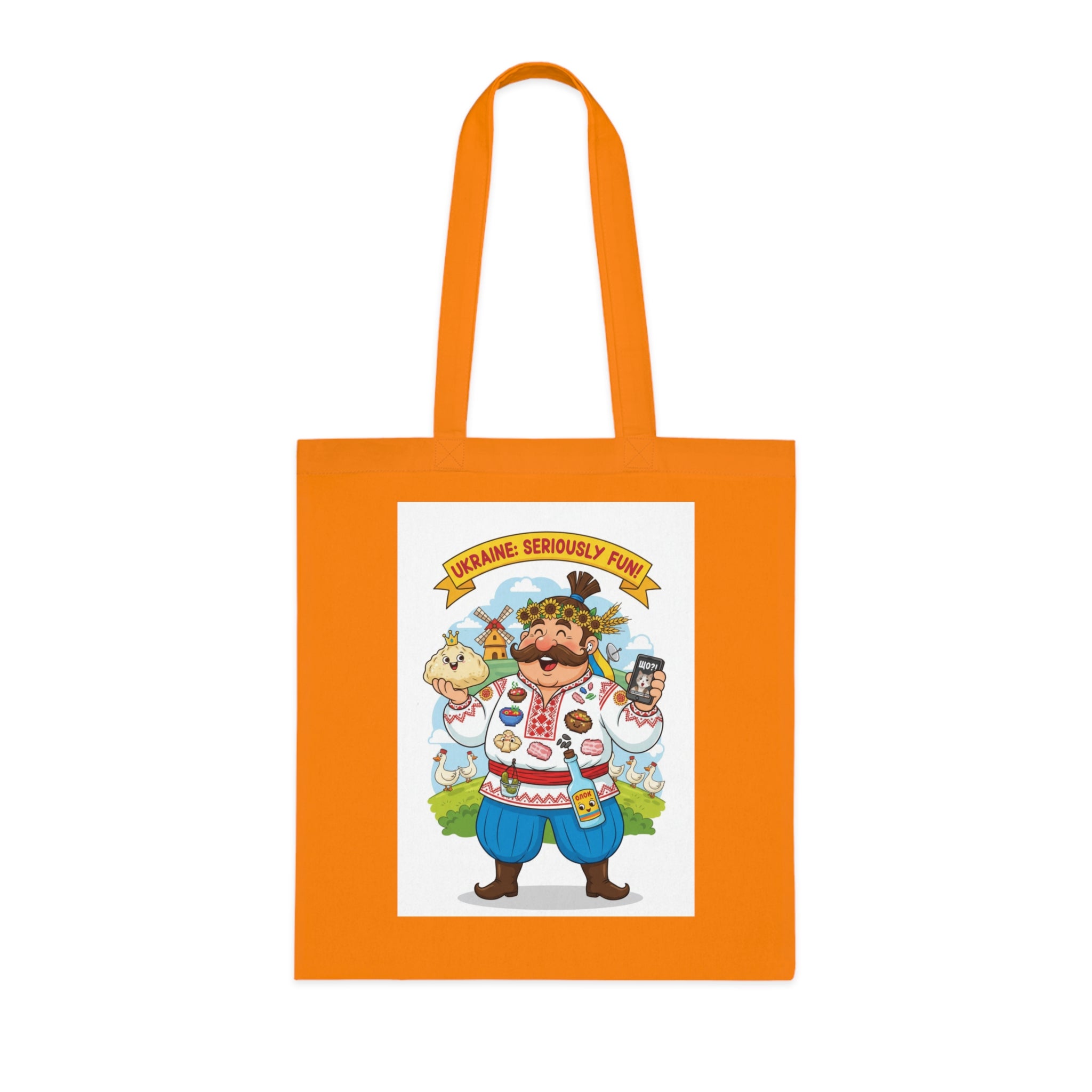 Ukrainian Pride Cotton Tote — "Ukraine Seriously? Fun!" Folk Character Market Bag
