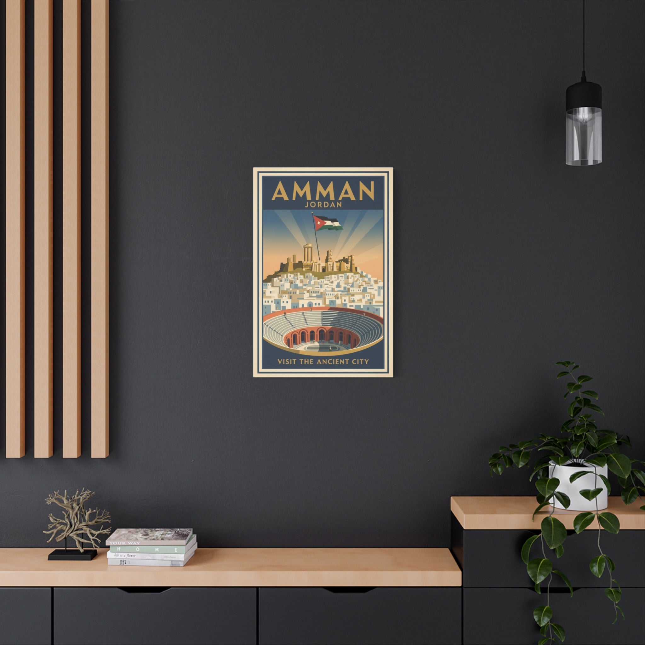 Amman Jordan Vintage Travel Canvas – "Visit the Ancient City" Stretched Wall Art