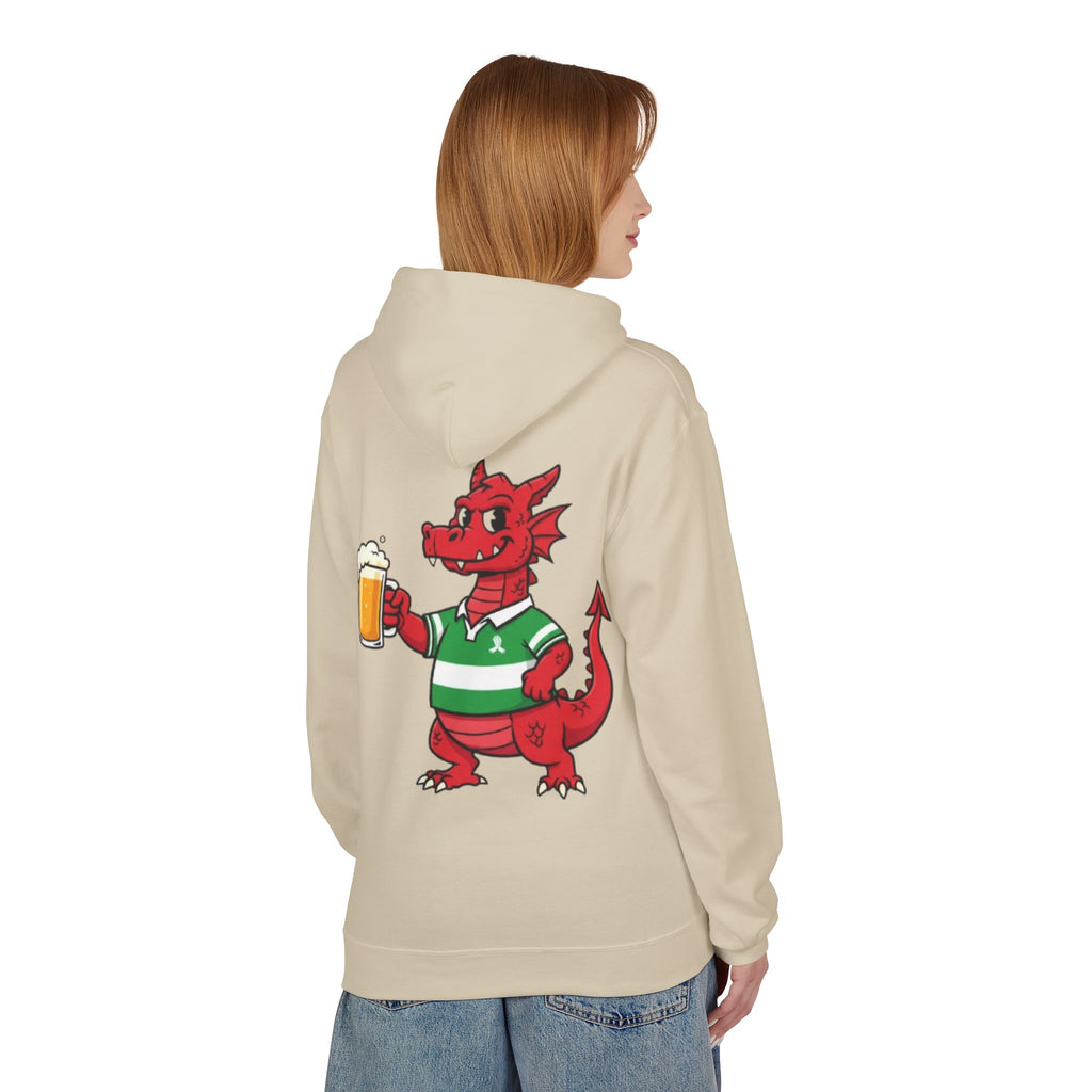 Welsh Dragon Drinking Beer Hoodie — Rugby Pub Fan Pullover