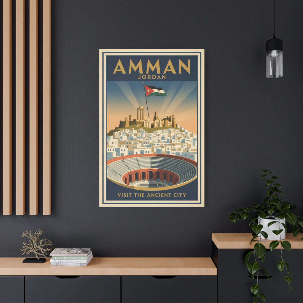 Amman Jordan Vintage Travel Canvas – "Visit the Ancient City" Stretched Wall Art