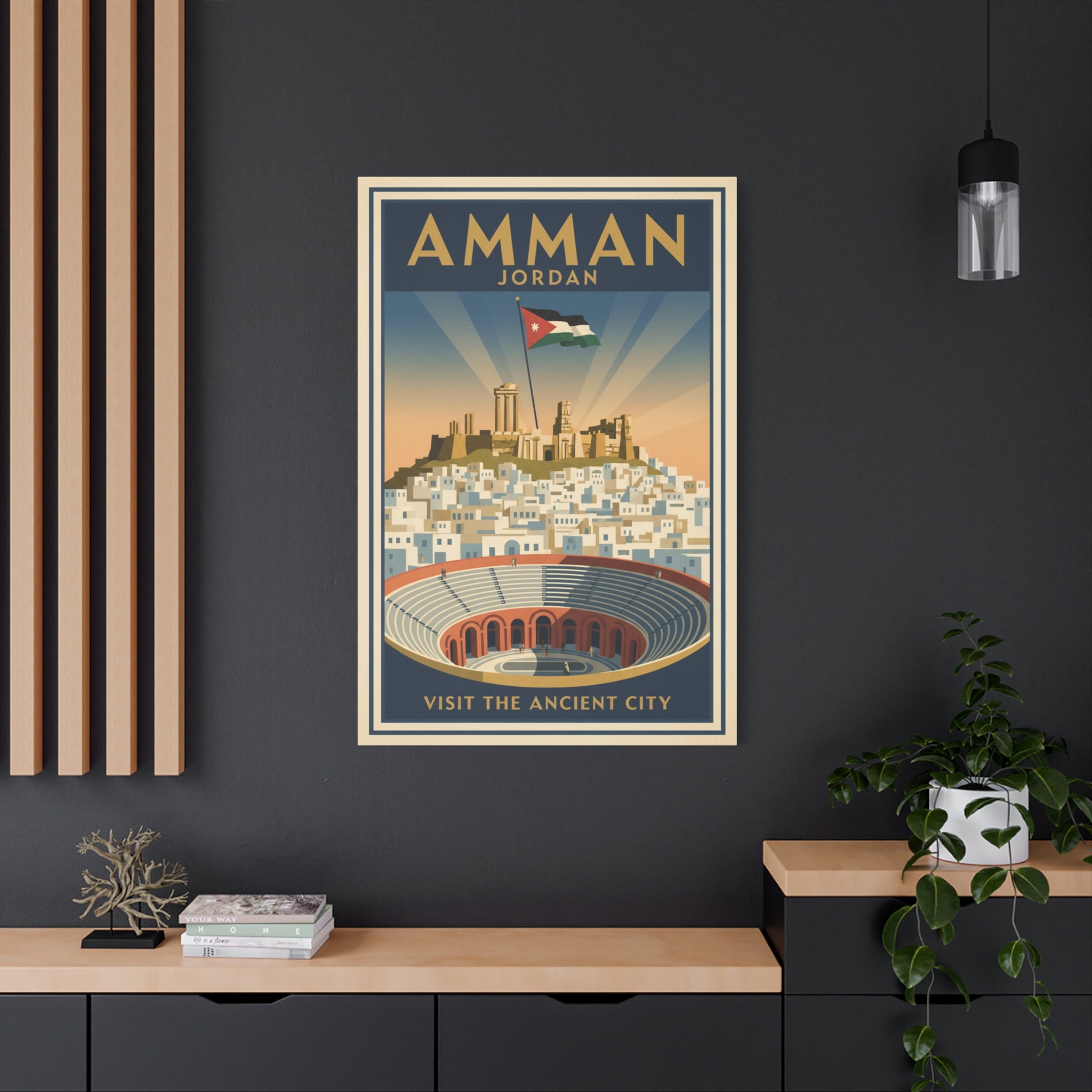 Amman Jordan Vintage Travel Canvas – "Visit the Ancient City" Stretched Wall Art
