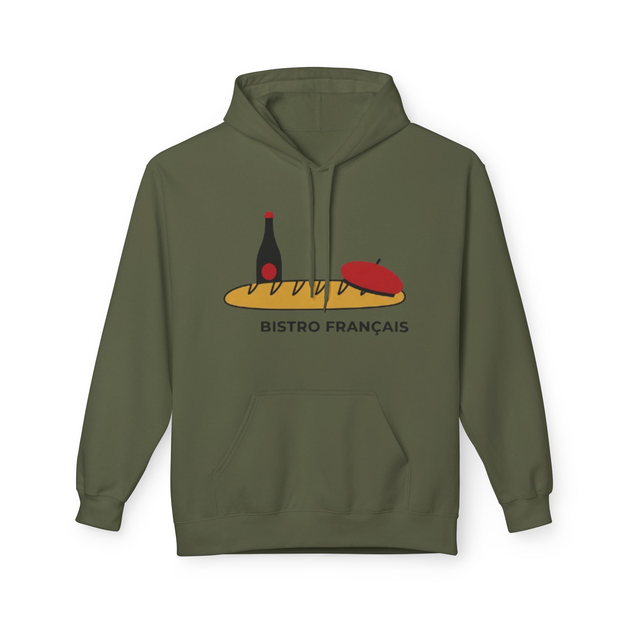 Bistro Français Hoodie — French Bistro Bread, Wine & Beret Graphic