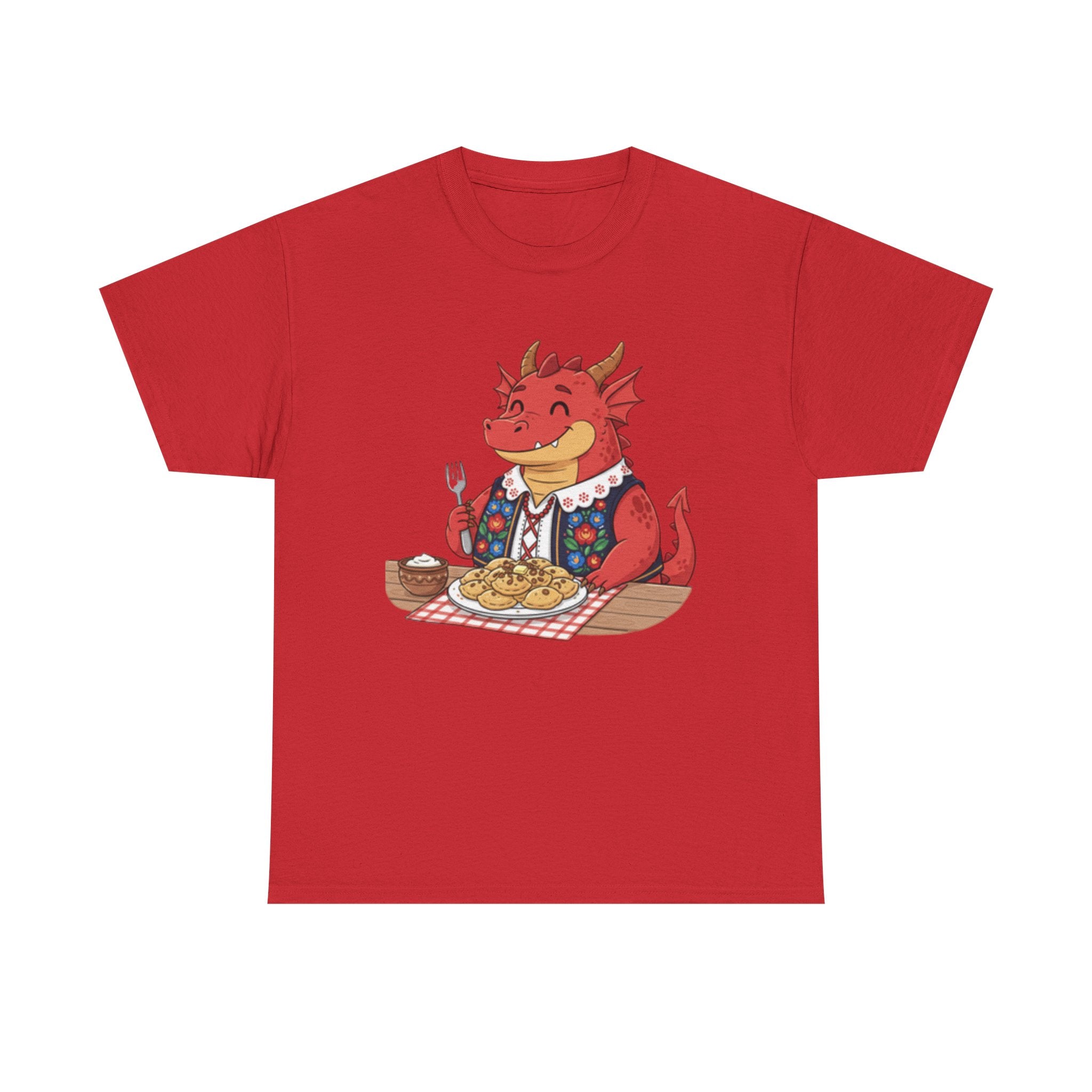 Dragon Eating Pierogi T-Shirt — "Mój nowy smok. Też lubi pierogi." Cute Polish Food Tee