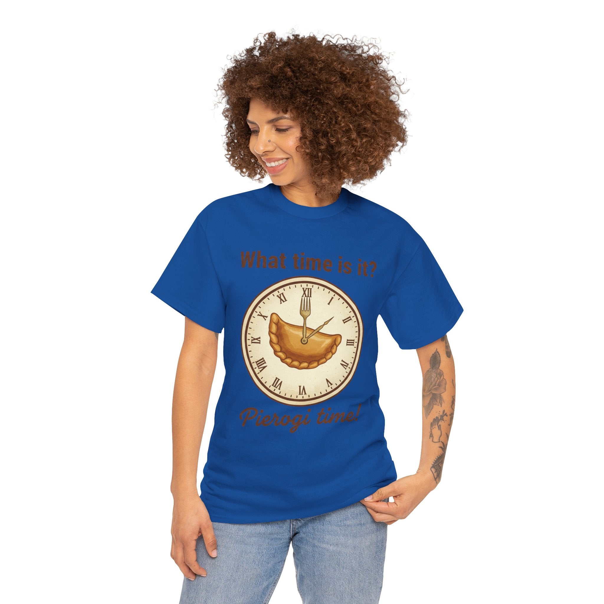 Pierogi Time T‑Shirt — "What time is it? Pierogi time!" Vintage Clock Food Tee
