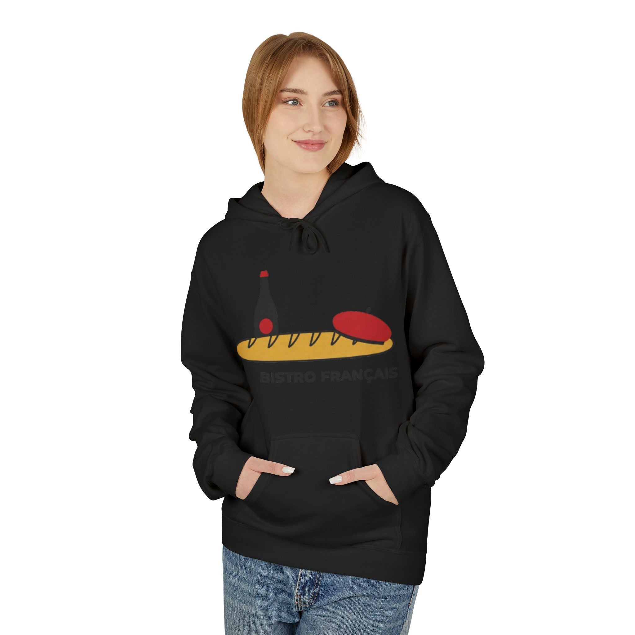 Bistro Français Hoodie — French Bistro Bread, Wine & Beret Graphic