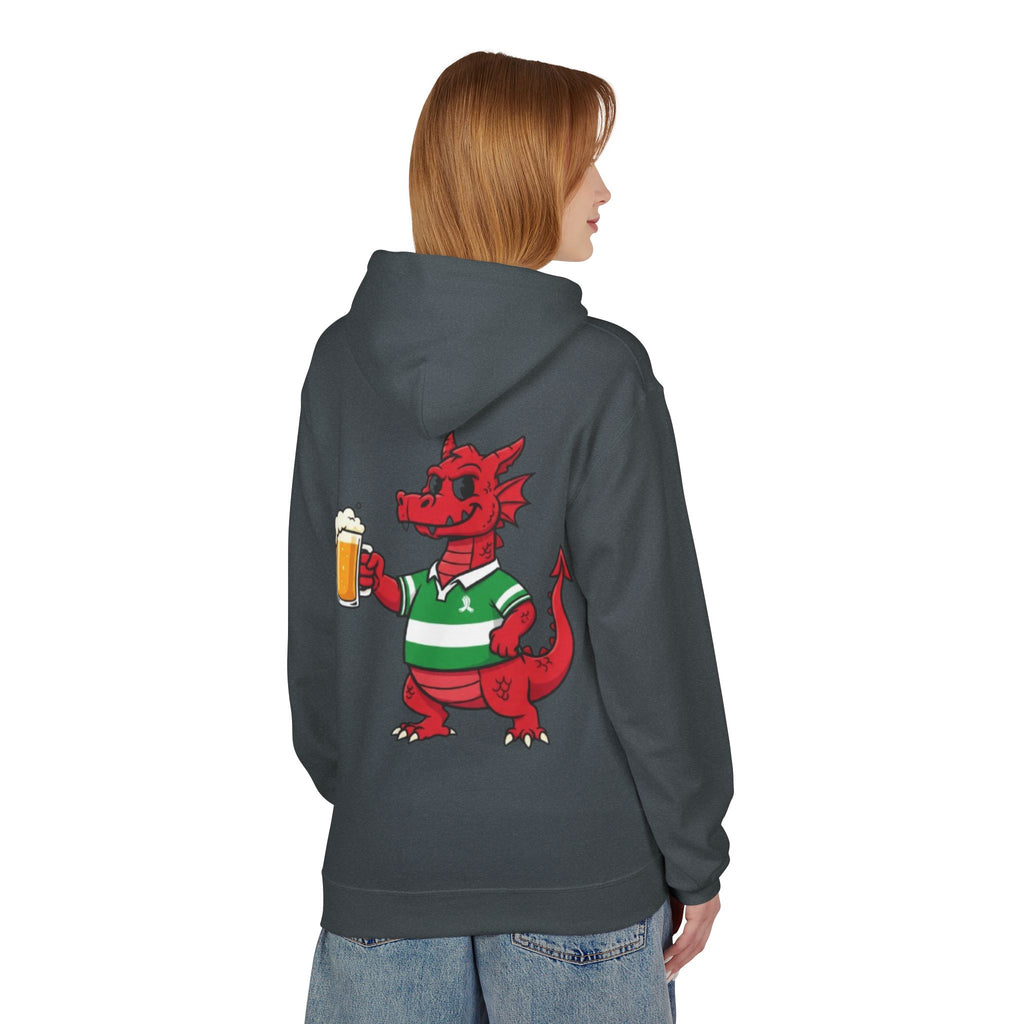 Welsh Dragon Drinking Beer Hoodie — Rugby Pub Fan Pullover