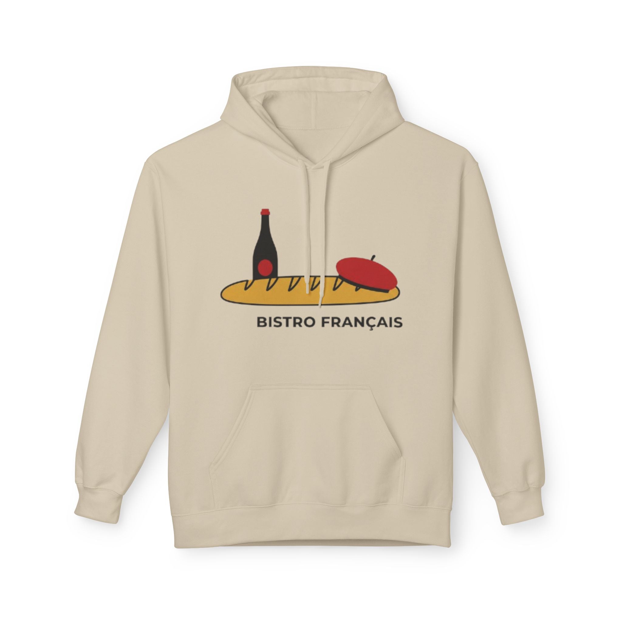 Bistro Français Hoodie — French Bistro Bread, Wine & Beret Graphic