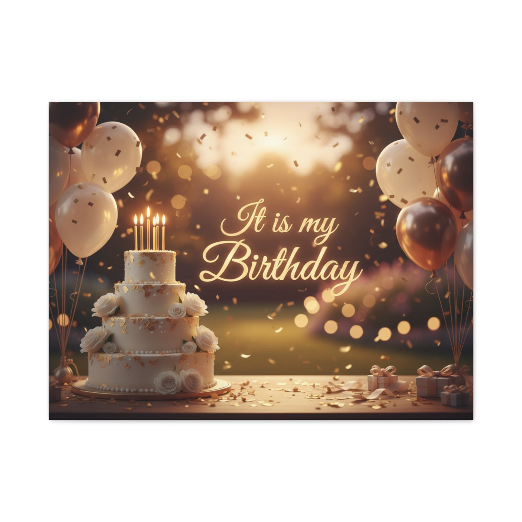 Birthday Canvas Wall Art - "It Is My Birthday" Celebration Cake & Balloons Matte Stretched Canvas