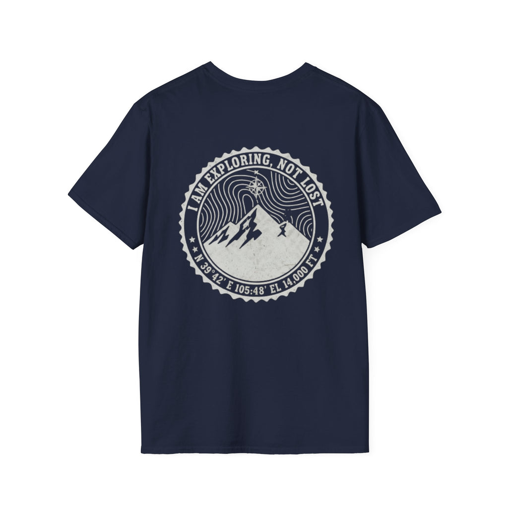 Gallus Mountain Badge T-Shirt — 'I Am Exploring, Not Lost' Adventure Tee