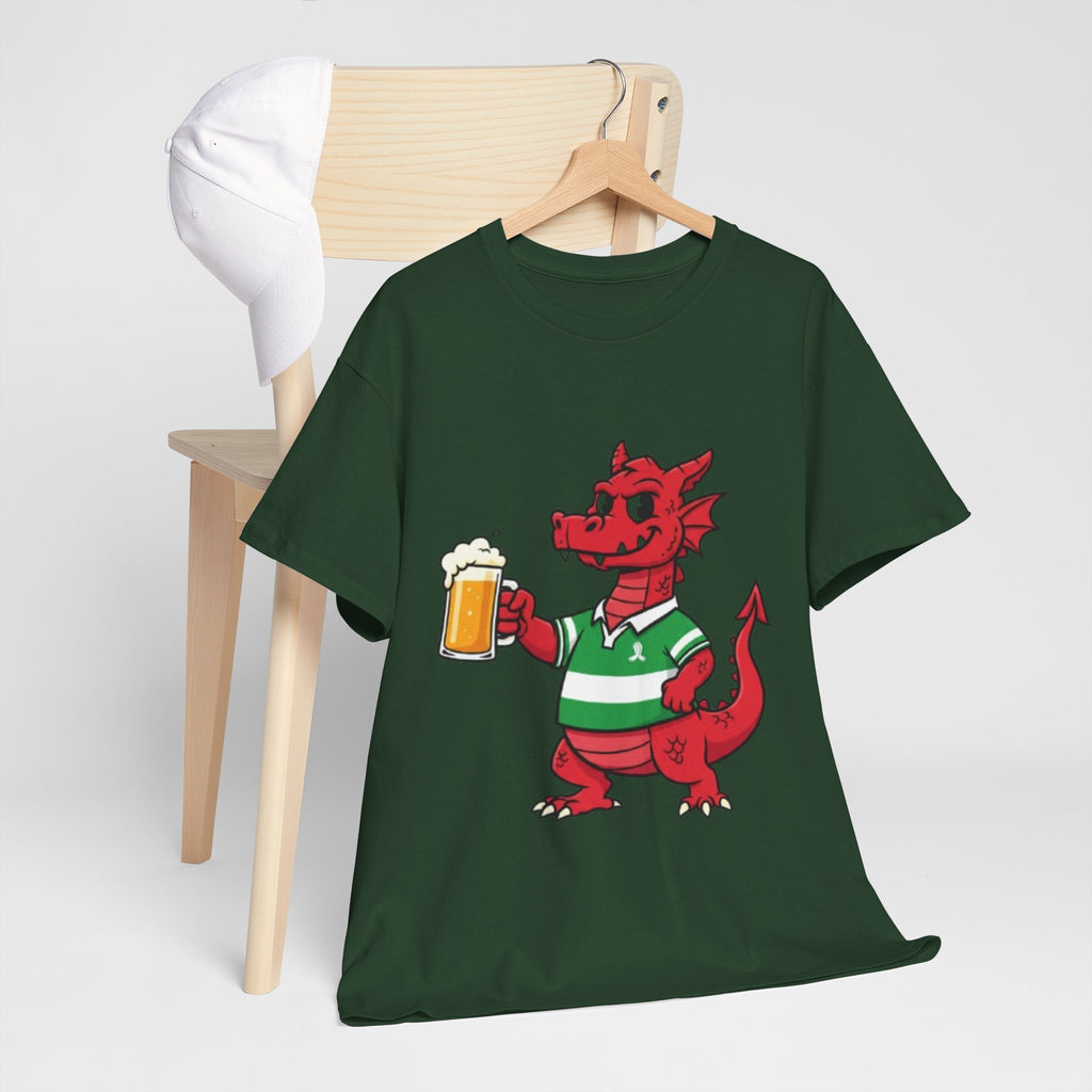 Dragon Cheers T‑Shirt — Cute Red Dragon Holding Beer Graphic Tee