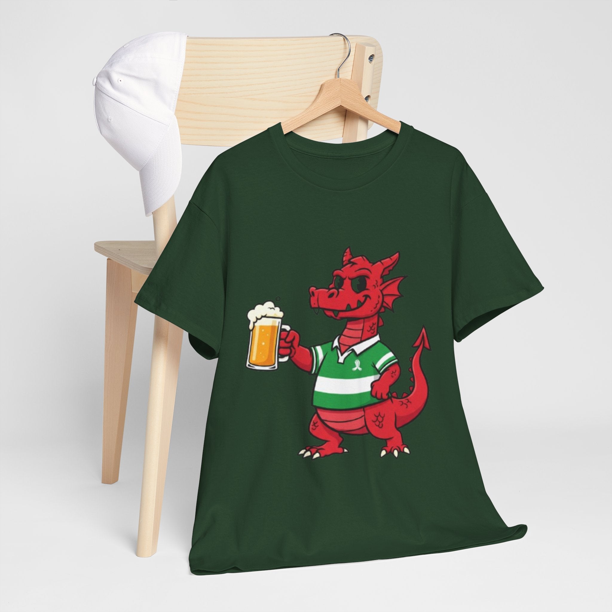 Dragon Cheers T‑Shirt — Cute Red Dragon Holding Beer Graphic Tee