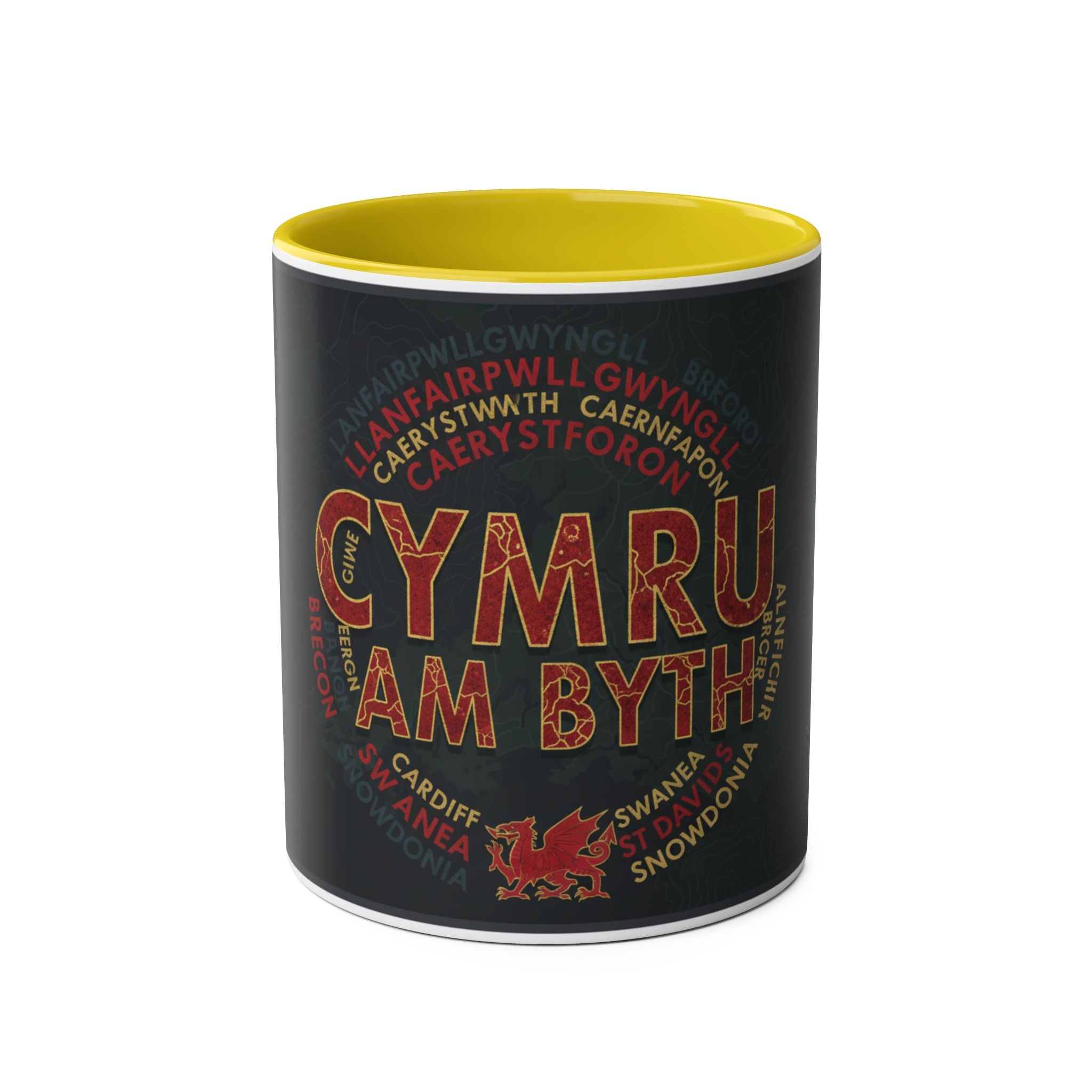 Cymru Am Byth Two-Tone 11oz Coffee Mug — Welsh Pride Map & Place Names