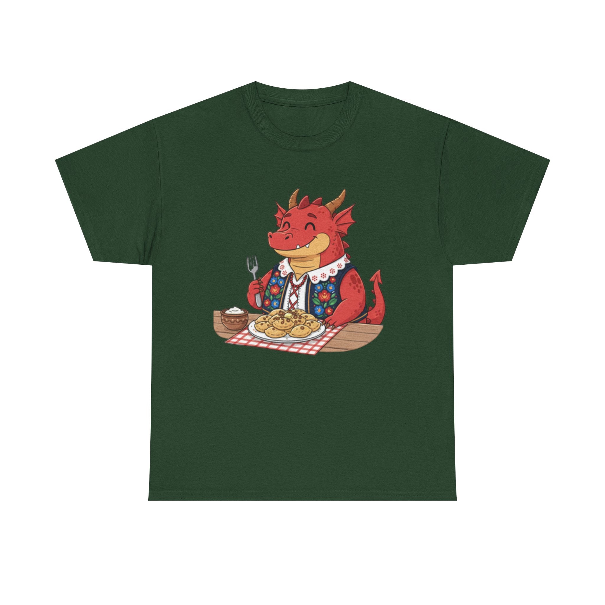 Dragon Eating Pierogi T-Shirt — "Mój nowy smok. Też lubi pierogi." Cute Polish Food Tee