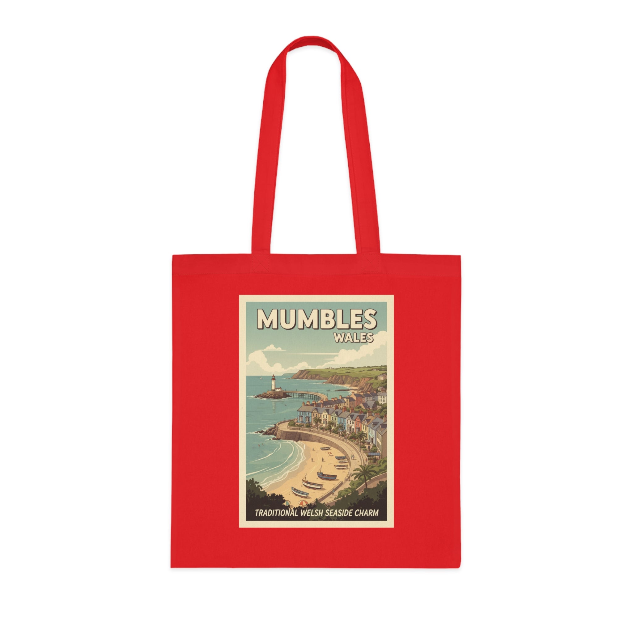 Mumbles Wales Vintage Seaside Tote Bag — Retro Travel Poster Cotton Tote