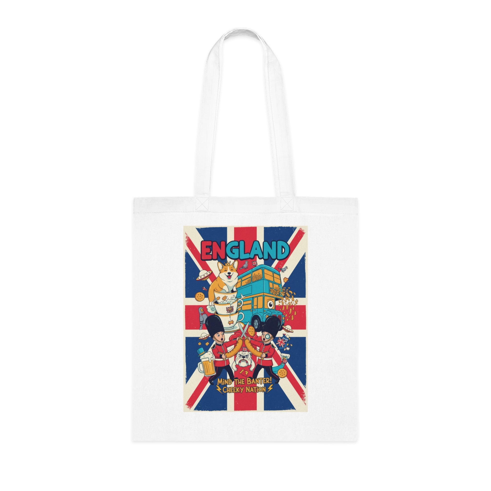 England Union Jack Cotton Tote Bag – Cute London Icons (Big Ben, Double Decker, Guards)
