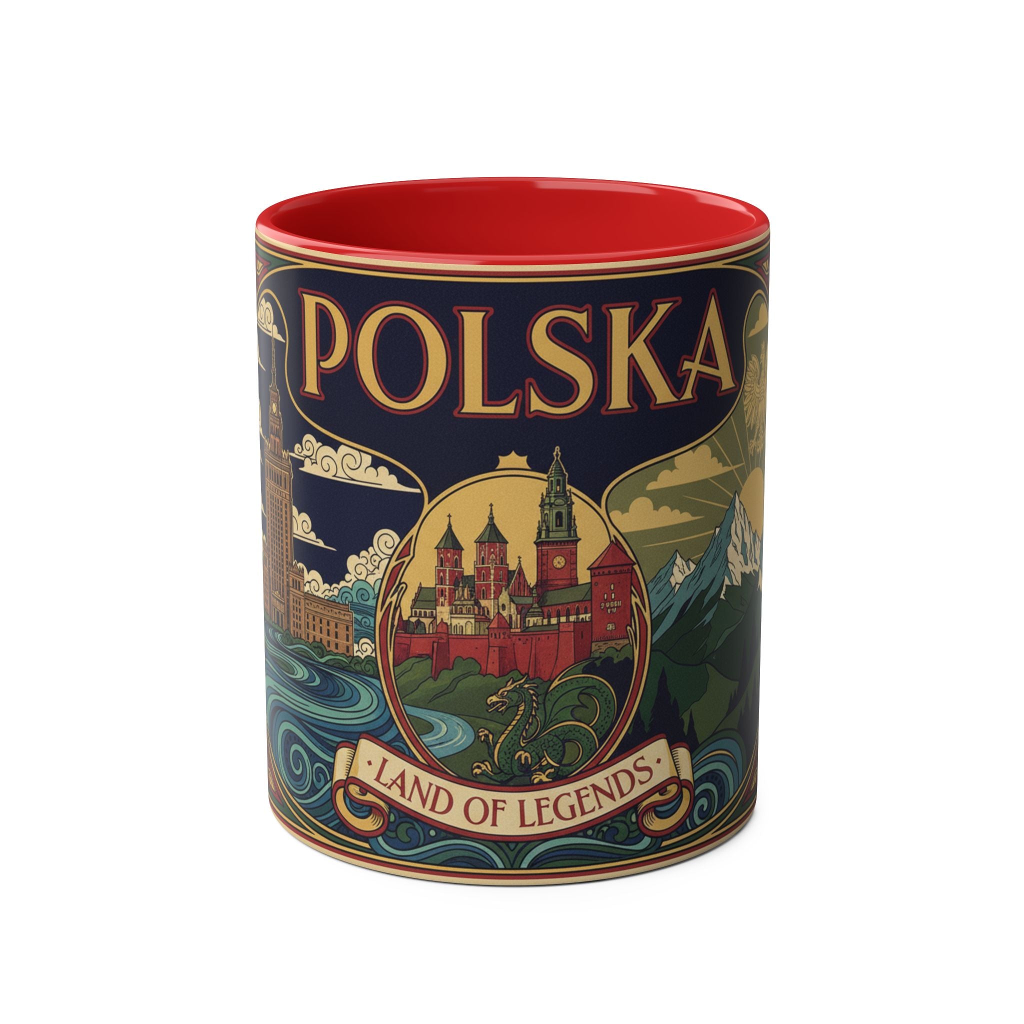 Polska 'Land of Legends' Two-Tone Coffee Mug — 11oz Polish Travel Poster Design
