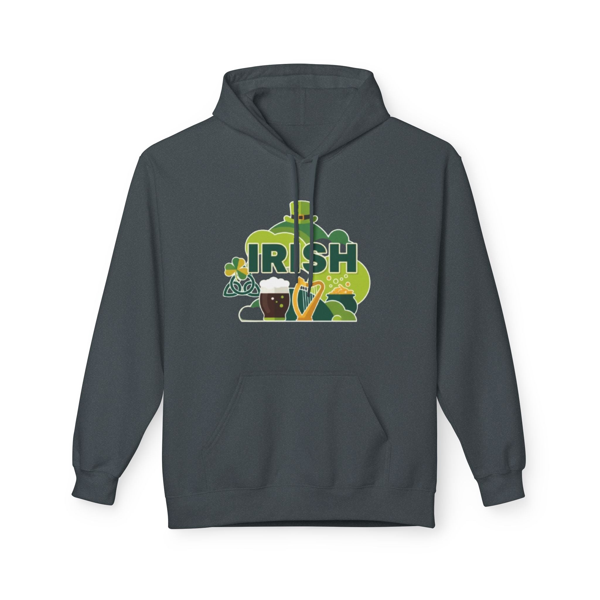 Irish St. Patrick's Day Hoodie — Shamrock, Leprechaun Hat & Pint Design