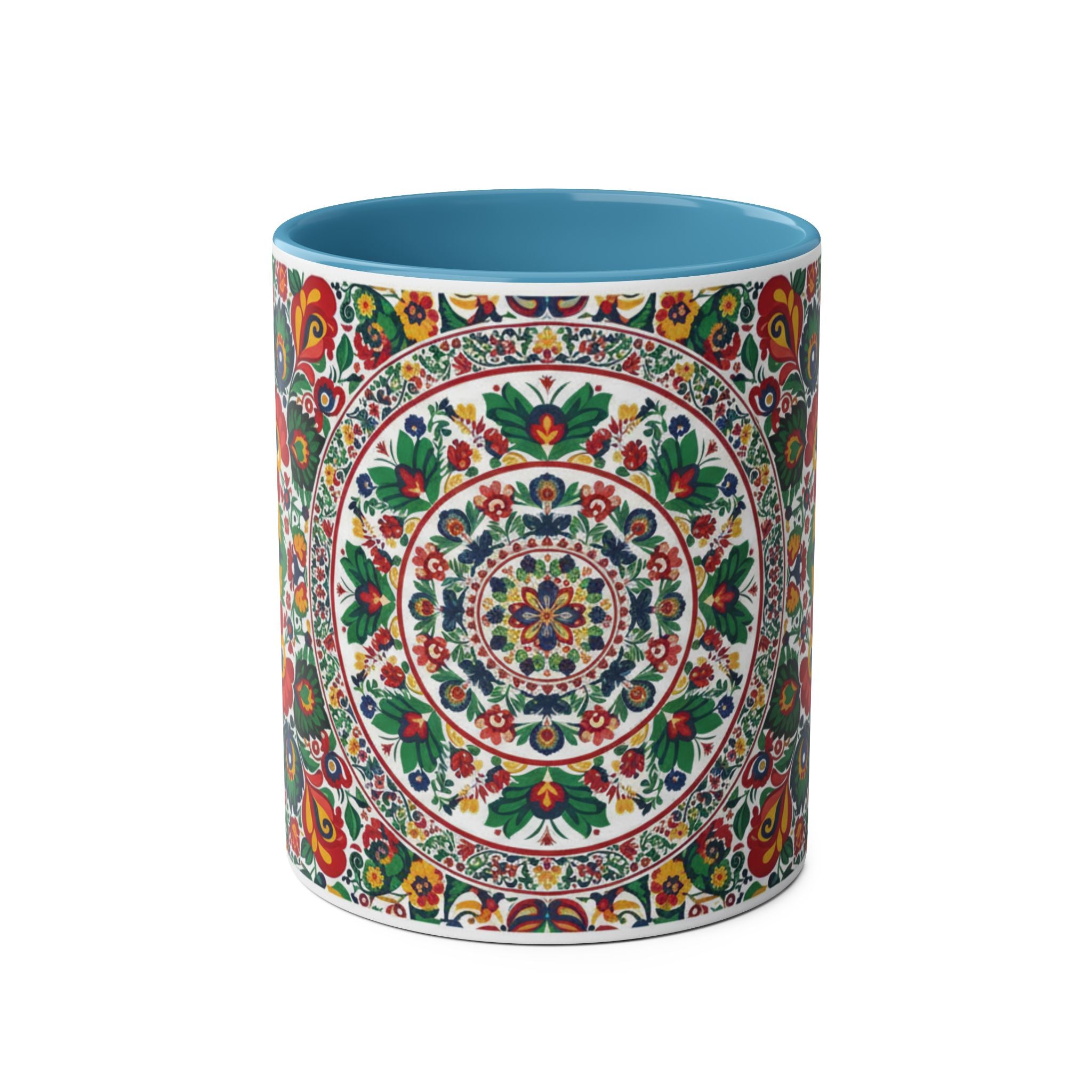 Floral Mandala Two-Tone Coffee Mug — Colorful Folk Art 11oz
