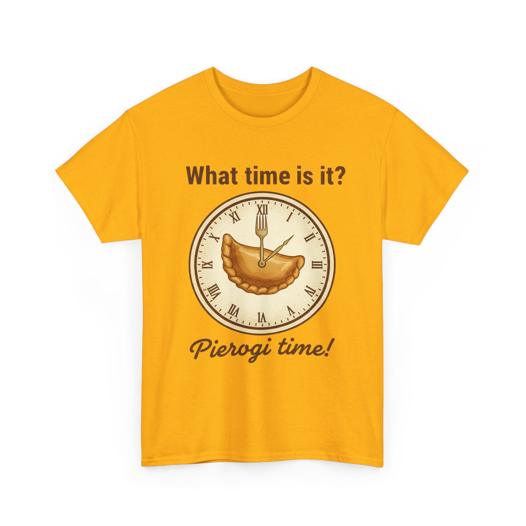 Pierogi Time T‑Shirt — "What time is it? Pierogi time!" Vintage Clock Food Tee