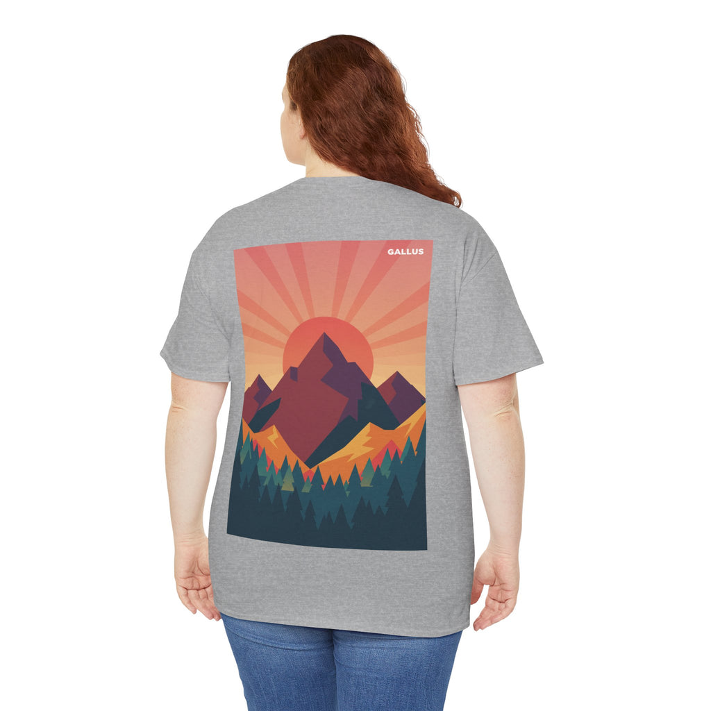Mountain Sunset T-Shirt — Retro Nature Graphic Tee with 'GALLUS' Logo