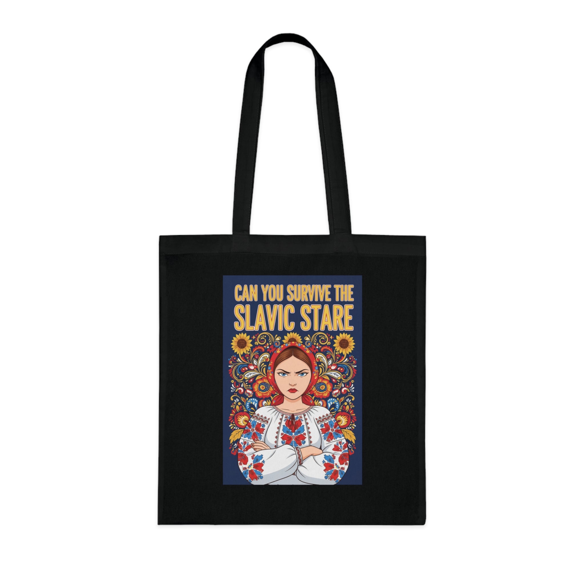 Slavic Stare Cotton Tote — Feminine Folk Art Reusable Bag ("Can You Survive the Slavic Stare")