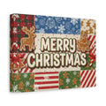 Merry Christmas Holiday Patchwork Canvas Wall Art — Festive Gingerbread & Reindeer