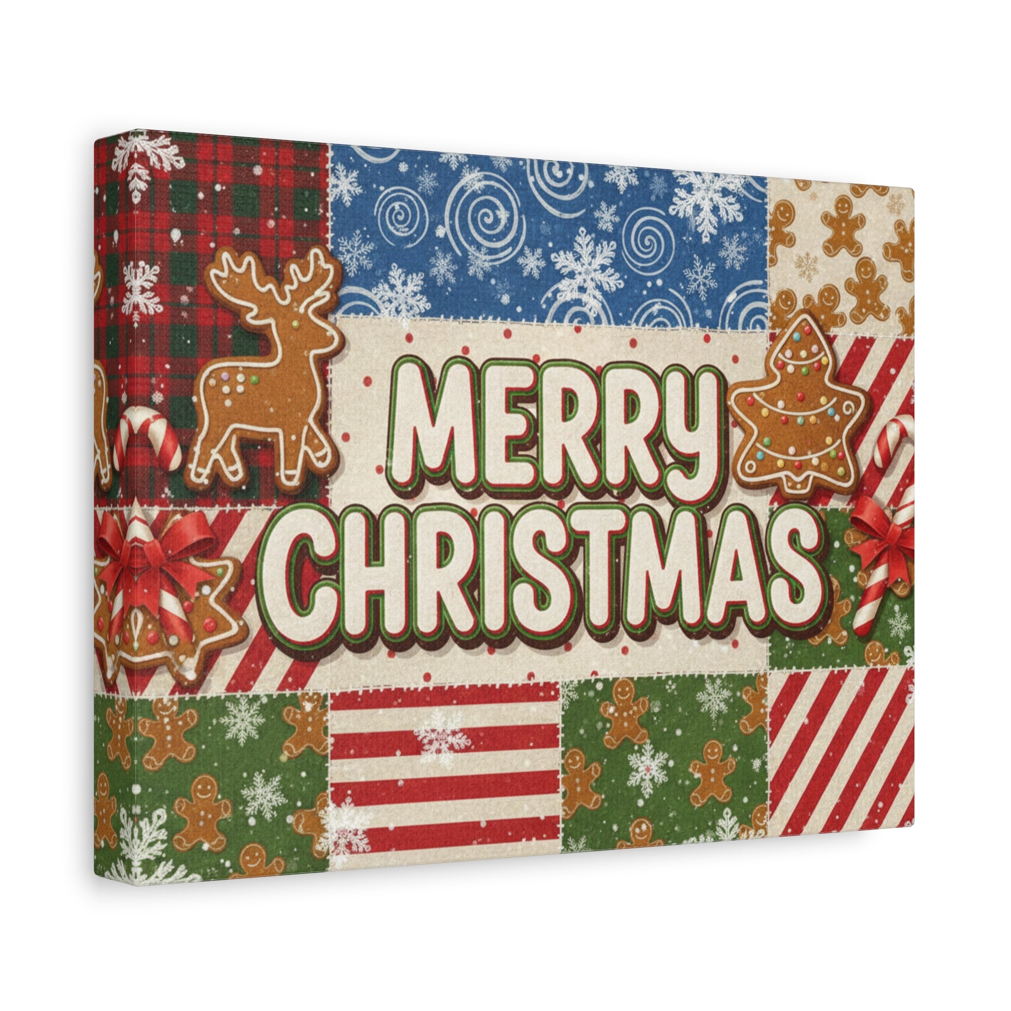 Merry Christmas Holiday Patchwork Canvas Wall Art — Festive Gingerbread & Reindeer