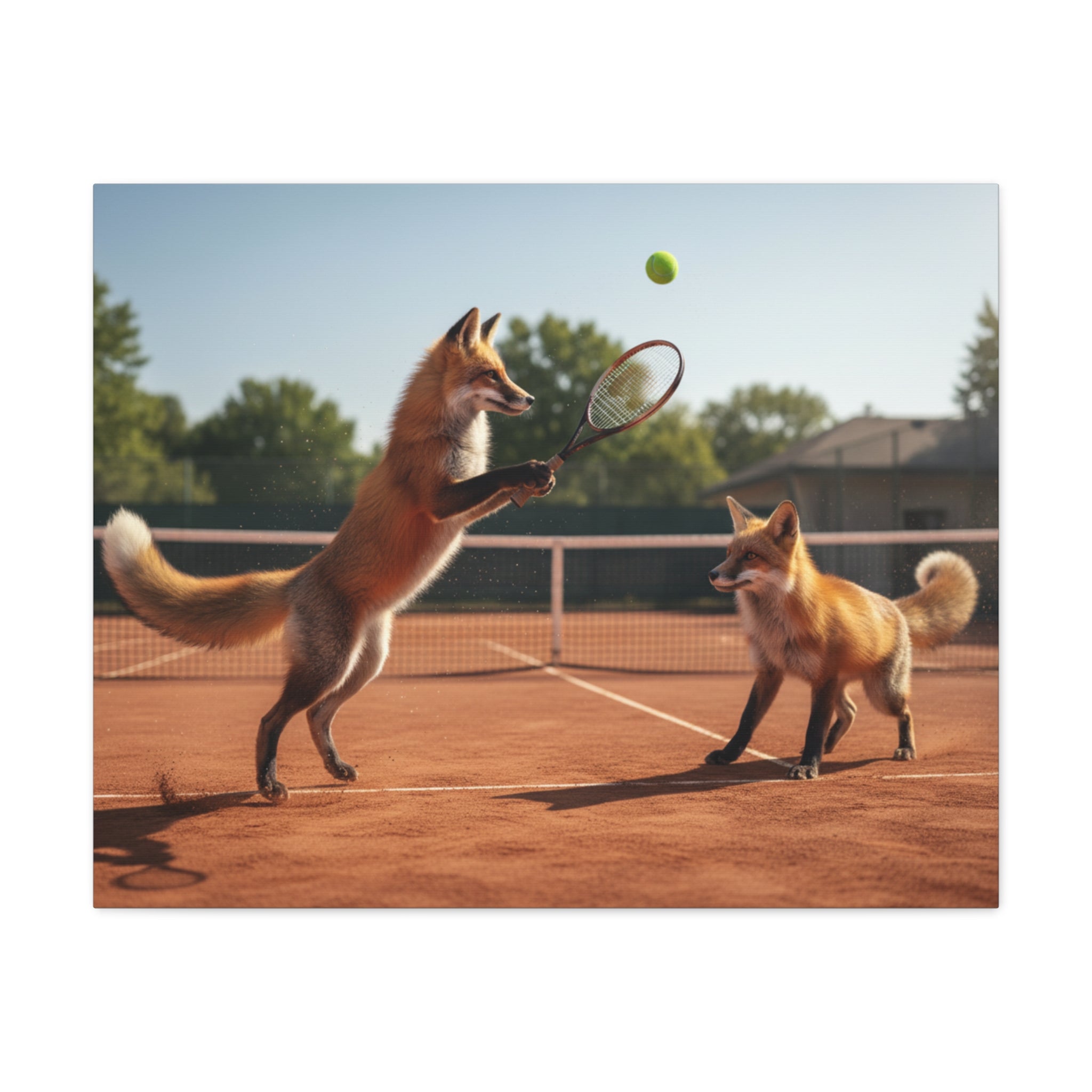 Foxes Playing Tennis Matte Canvas Wall Art — Whimsical Animal Sports Print