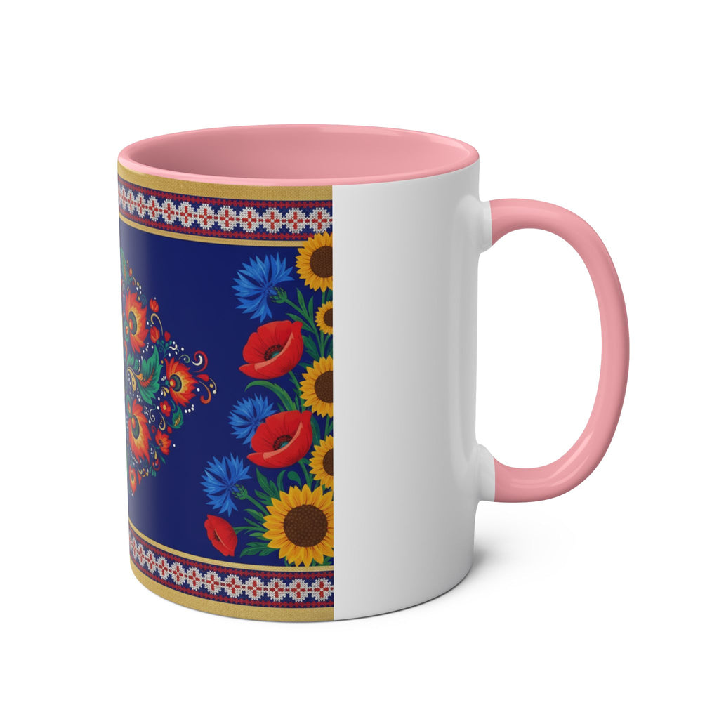 Ukrainian Floral Coffee Mug — Two-Tone 11oz with Tryzub & Folk Motif