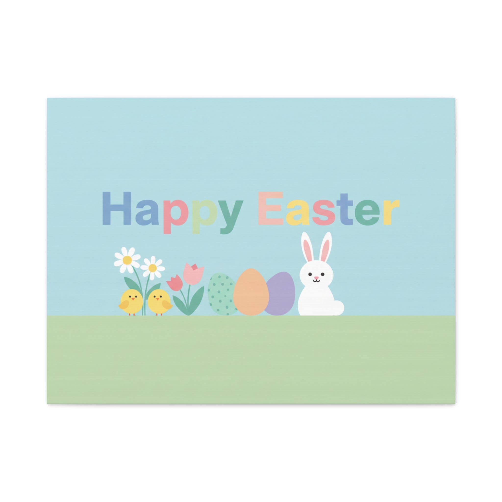 Happy Easter Canvas Wall Art — Pastel Bunny, Chicks & Eggs Matte Stretched Canvas