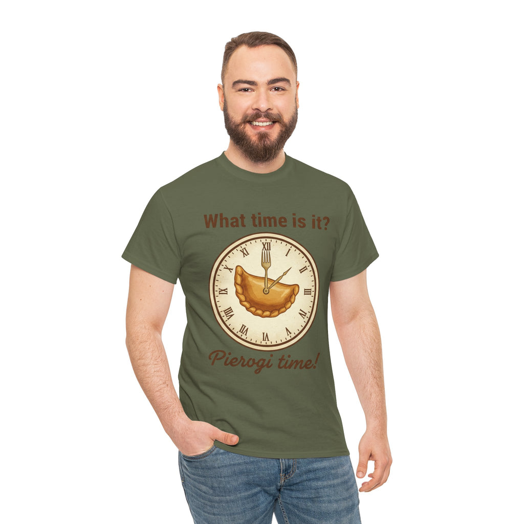 Pierogi Time T‑Shirt — "What time is it? Pierogi time!" Vintage Clock Food Tee