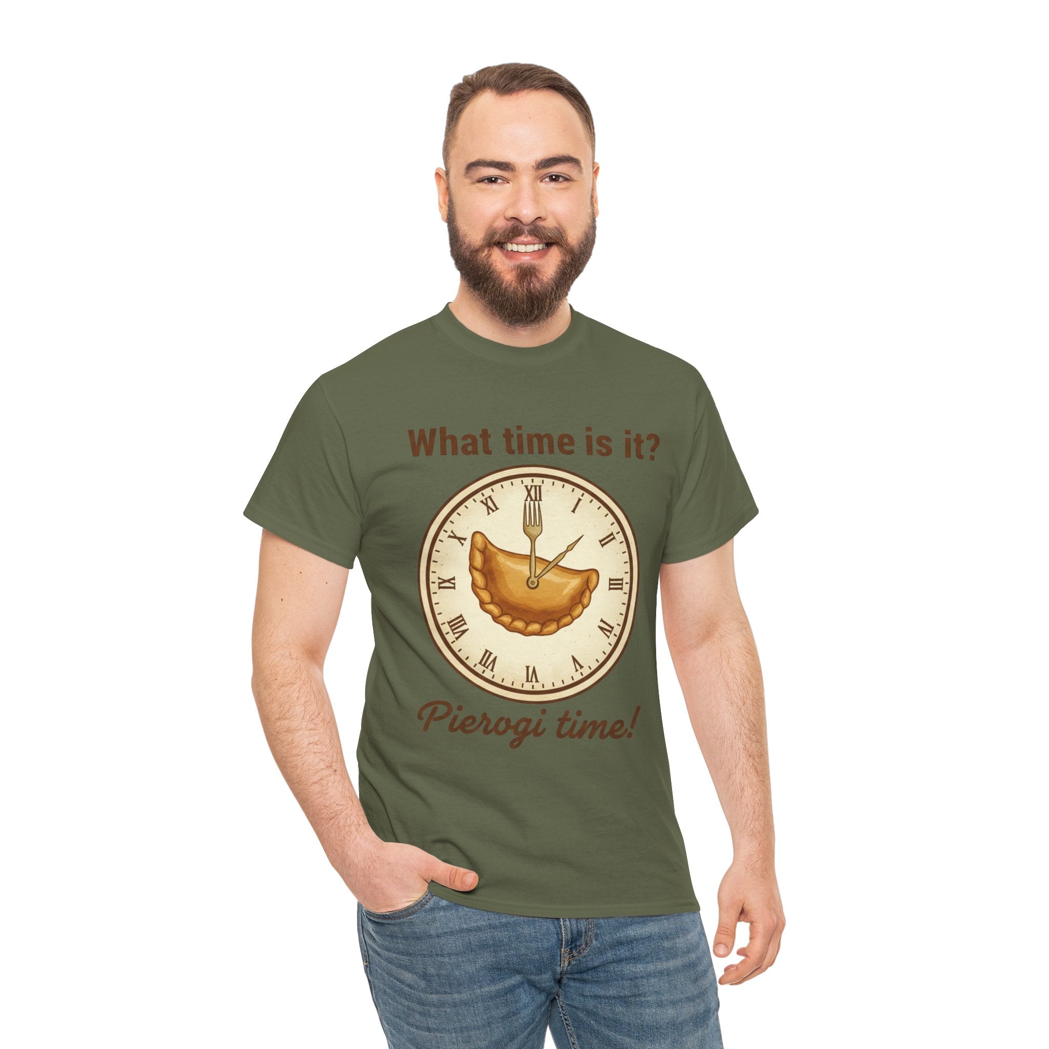 Pierogi Time T‑Shirt — "What time is it? Pierogi time!" Vintage Clock Food Tee