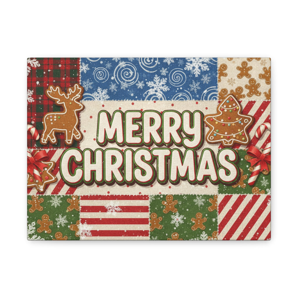 Merry Christmas Holiday Patchwork Canvas Wall Art — Festive Gingerbread & Reindeer